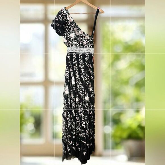 Mac Duggal Embroidered One Shoulder Gown Black Floral Lace up Dress NWT - Picture 3 of 16